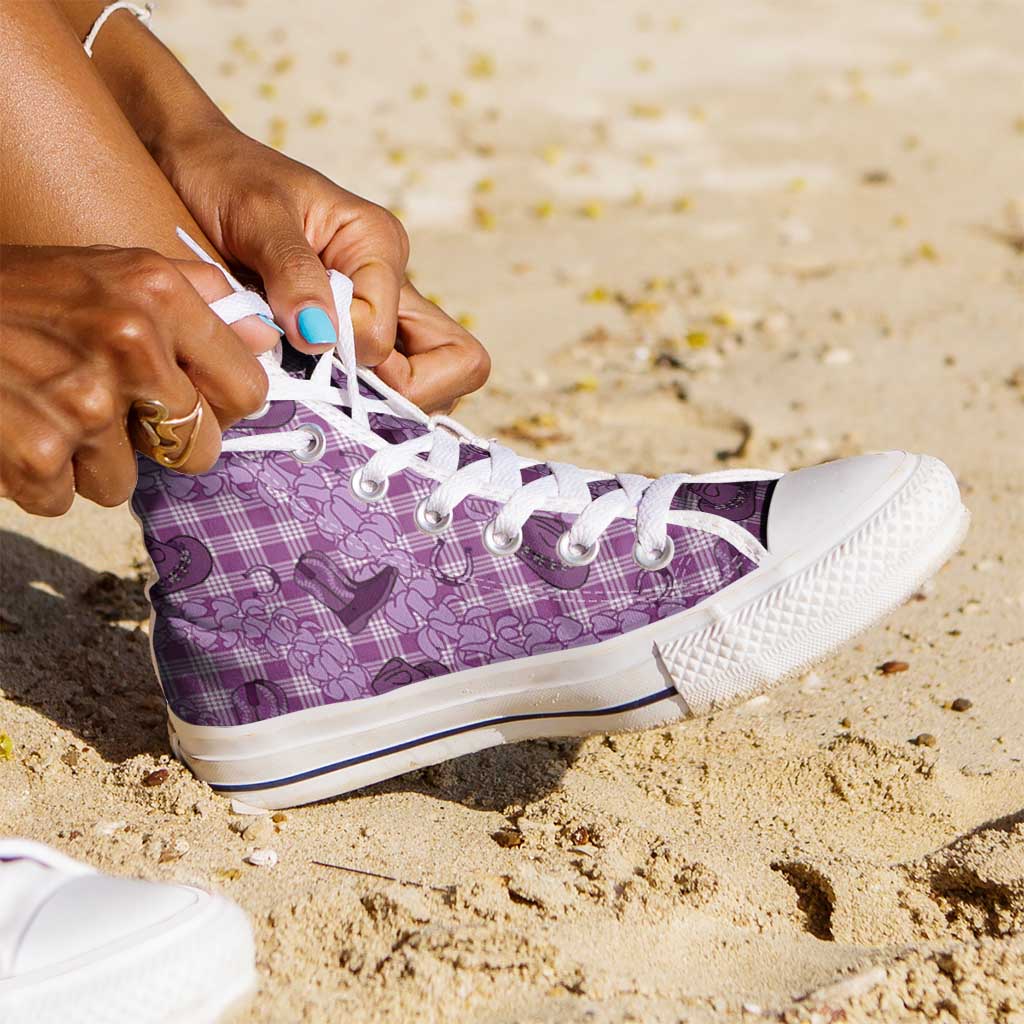 Purple Palaka Hawaii Cowboy High Top Shoes Puakenikeni Lei Paniolo Papale Seamless Vibes - Polynesian Pride