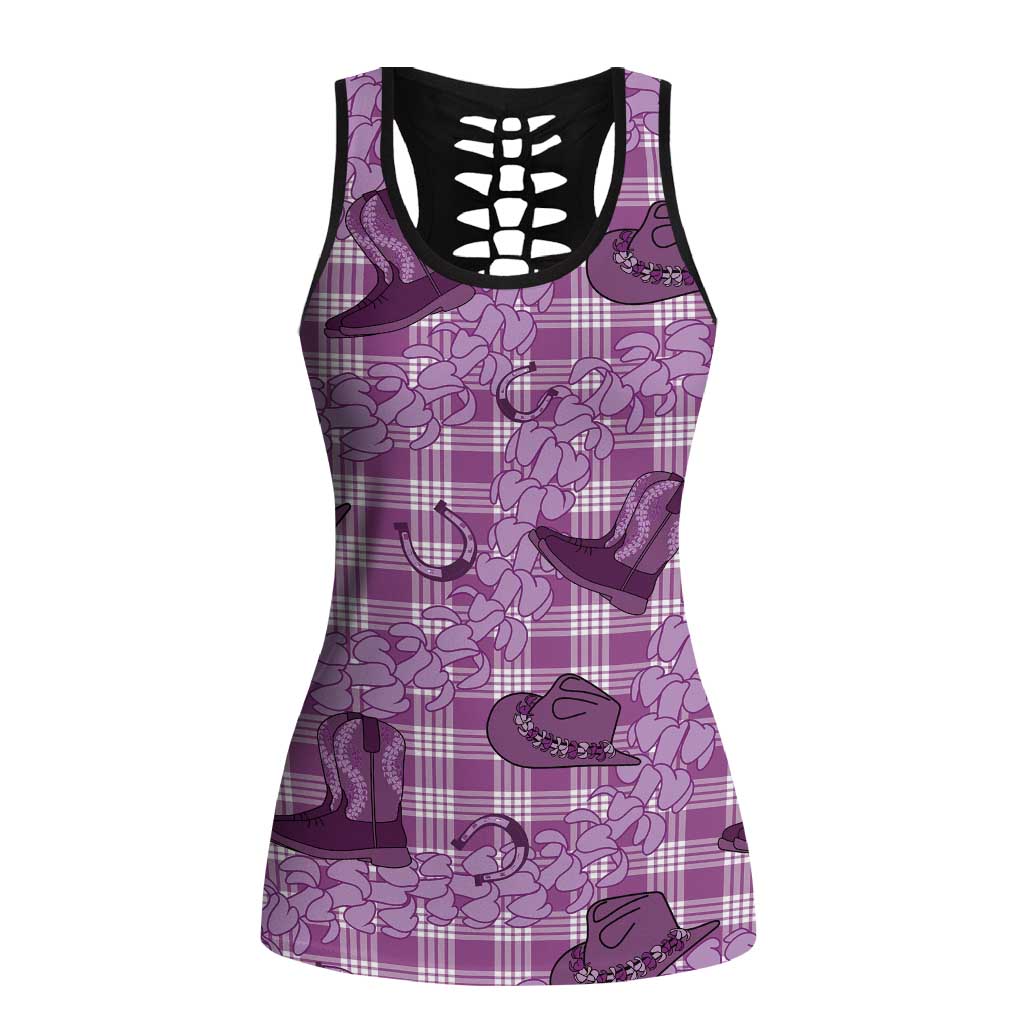Purple Palaka Hawaii Cowboy Hollow Tank Top Puakenikeni Lei Paniolo Papale Seamless Vibes - Polynesian Pride