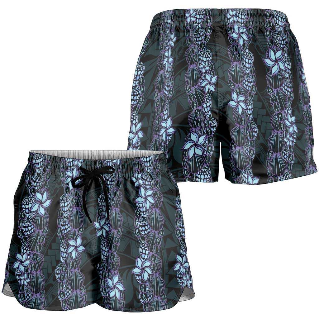 Purple Paradise Hawaii Shell Lei Shorts for Women Hawaiian Sunrise Shell Hebrew Cone Plumeria - Polynesian Pride