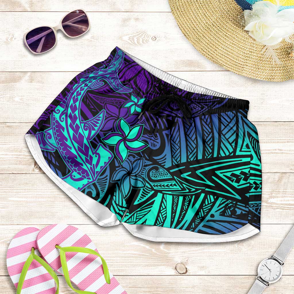 Purple Paradise Polynesian Shorts for Women Hawaiian Tribal Hammerhead Shark