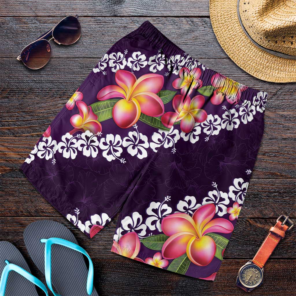 Purple Polynesia Shorts for Men Plumeria With Hibiscus Pattern Tropical Vibes - Polynesian Pride