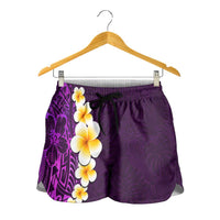 Purple Polynesia Shorts for Women Plumeria Tropical Leaves With Galaxy Polynesian Art - Polynesian Pride