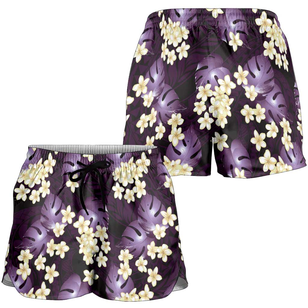 Purple Tropical Hawaii Shorts for Women Seamless Monstera Plumeria Hawaiian Pattern LT14 - Polynesian Pride