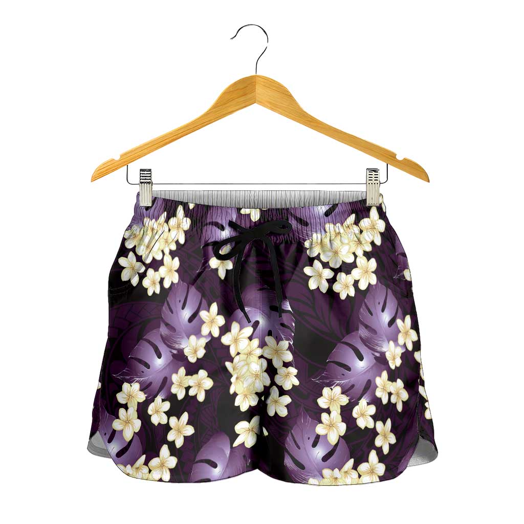 Purple Tropical Hawaii Shorts for Women Seamless Monstera Plumeria Hawaiian Pattern LT14 - Polynesian Pride