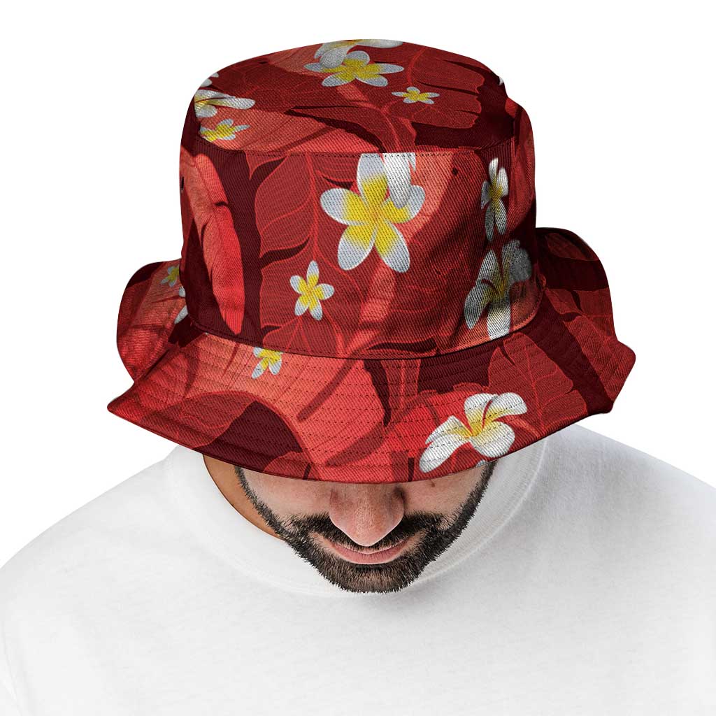 Red Banana Leaf Hawaii Bucket Hat Lau Maia Plumeria Tropical Summer Vibes