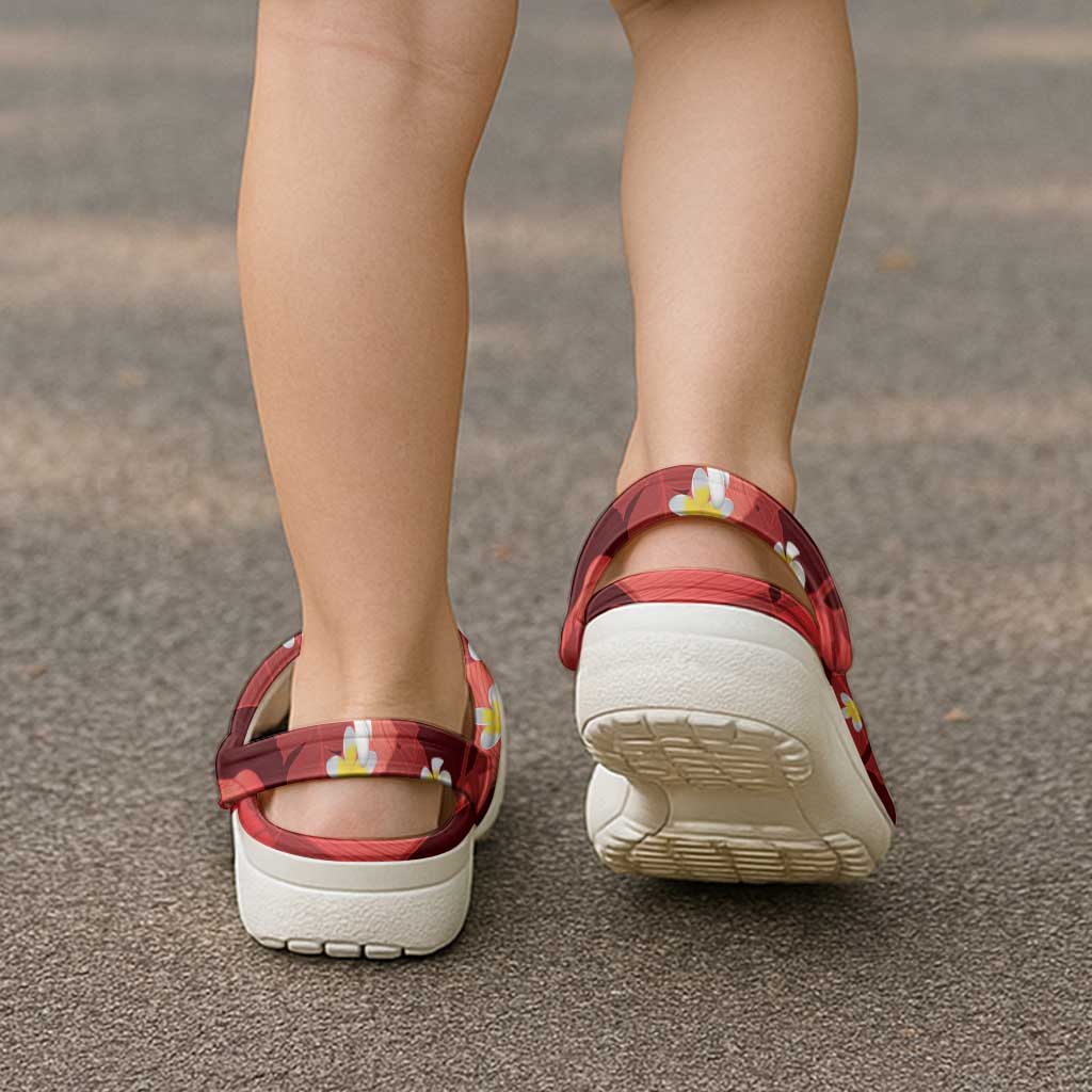 Red Banana Leaf Hawaii Clogs Shoes Lau Maia Plumeria Tropical Summer Vibes