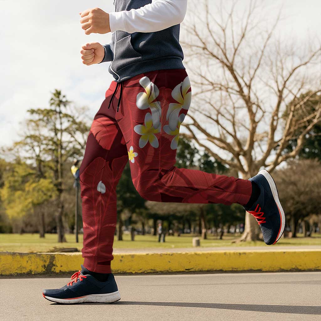 Red Banana Leaf Hawaii Jogger Pants Lau Maia Plumeria Tropical Summer Vibes