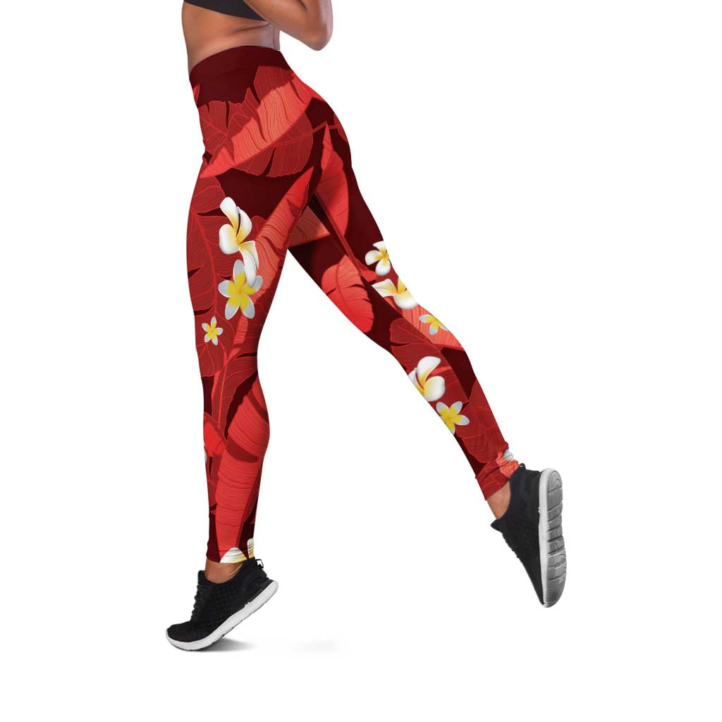 Red Banana Leaf Hawaii Leggings Lau Maia Plumeria Tropical Summer Vibes