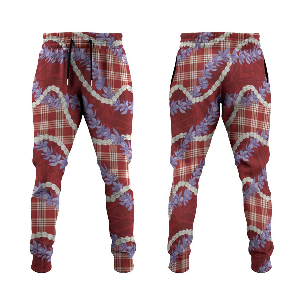 Red Hawaii Palaka Honohono Pikake Jogger Pants Hawaiian Orchid Lei Polynesian Pattern - Polynesian Pride
