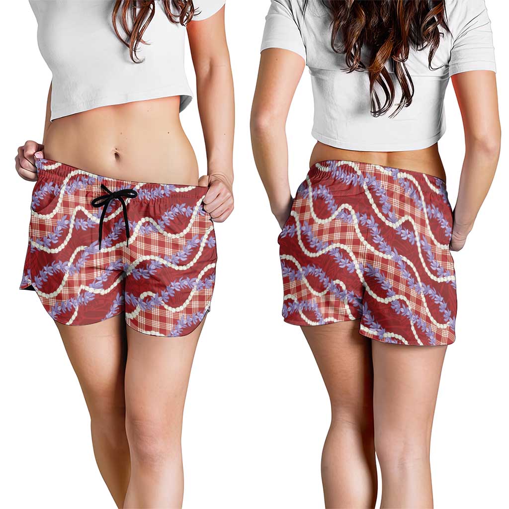 Red Hawaii Palaka Honohono Pikake Shorts for Women Hawaiian Orchid Lei Polynesian Pattern - Polynesian Pride