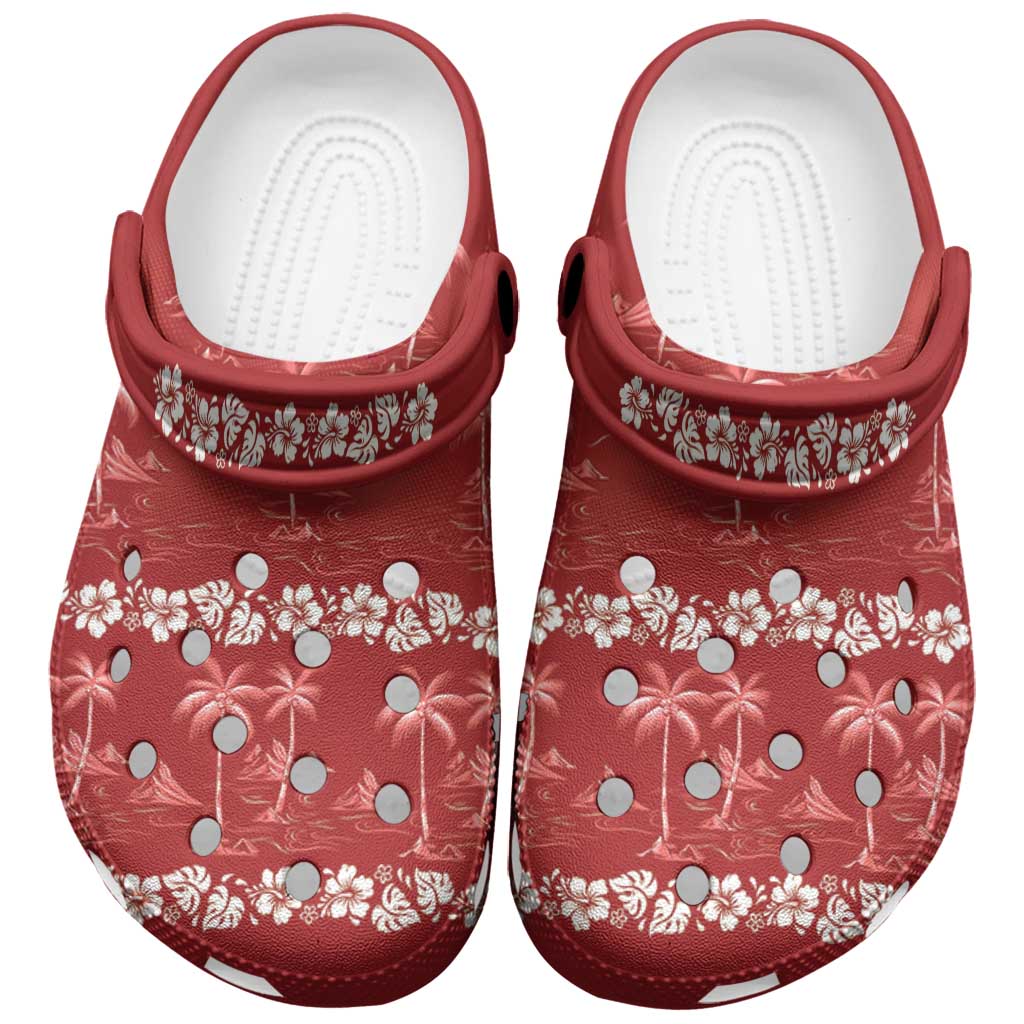 Red Hawaii Palm Tree Hibiscus Clogs Shoes Fantasy Summer Vibe