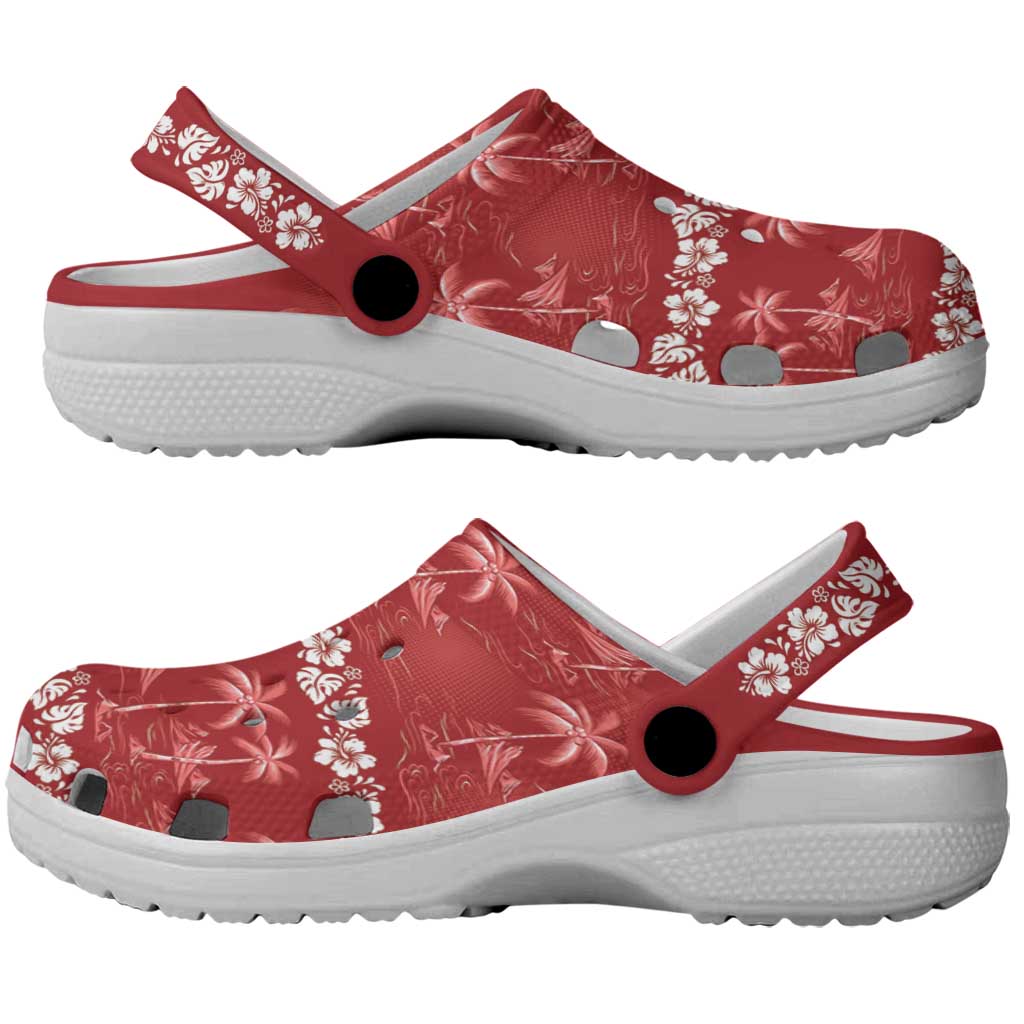 Red Hawaii Palm Tree Hibiscus Clogs Shoes Fantasy Summer Vibe