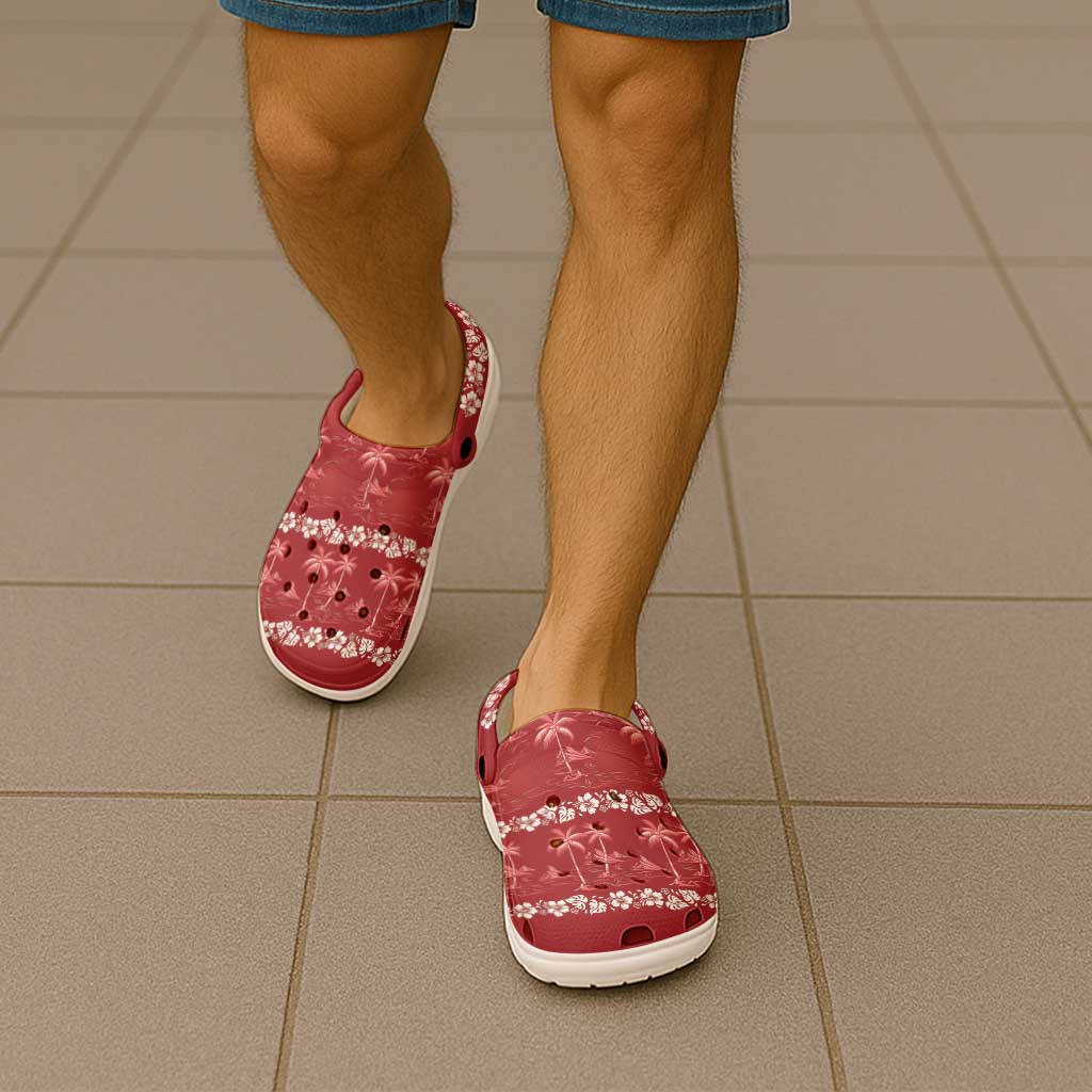 Red Hawaii Palm Tree Hibiscus Clogs Shoes Fantasy Summer Vibe