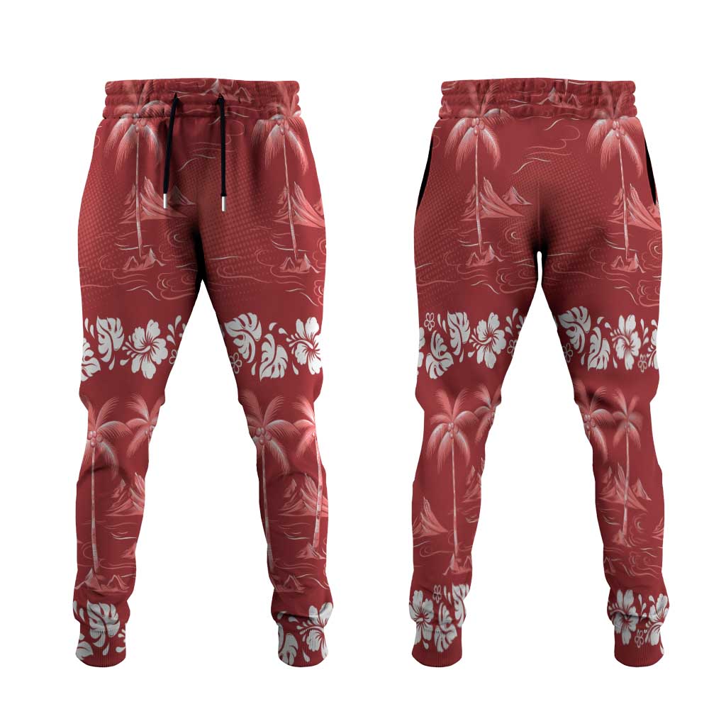 Red Hawaii Palm Tree Hibiscus Jogger Pants Fantasy Summer Vibe