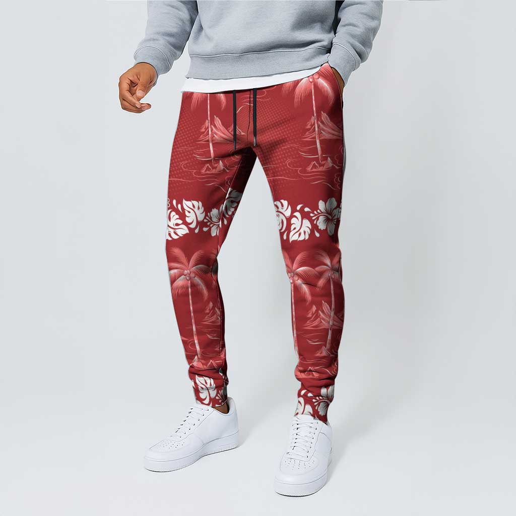 Red Hawaii Palm Tree Hibiscus Jogger Pants Fantasy Summer Vibe