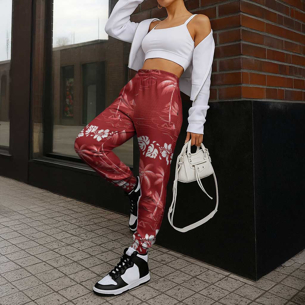 Red Hawaii Palm Tree Hibiscus Jogger Pants Fantasy Summer Vibe