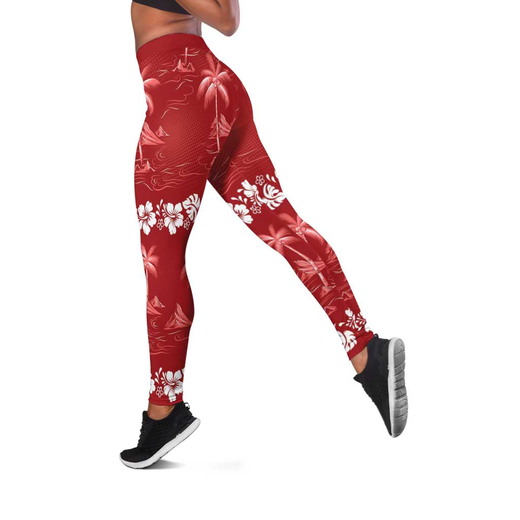 Red Hawaii Palm Tree Hibiscus Leggings Fantasy Summer Vibe
