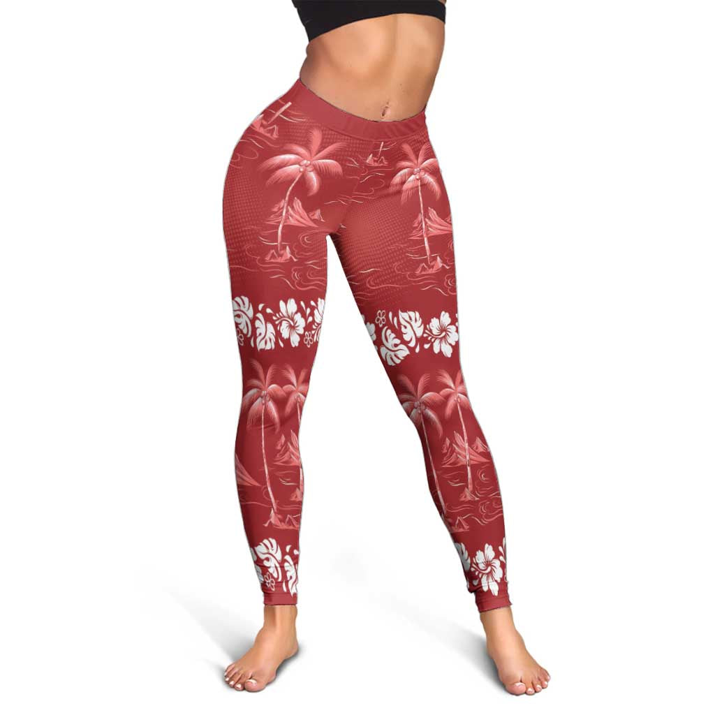 Red Hawaii Palm Tree Hibiscus Leggings Fantasy Summer Vibe