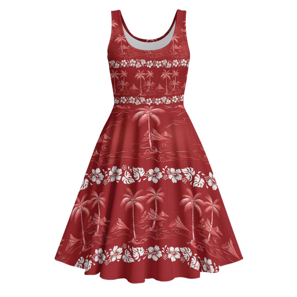 Red Hawaii Palm Tree Hibiscus Midi Dress Fantasy Summer Vibe