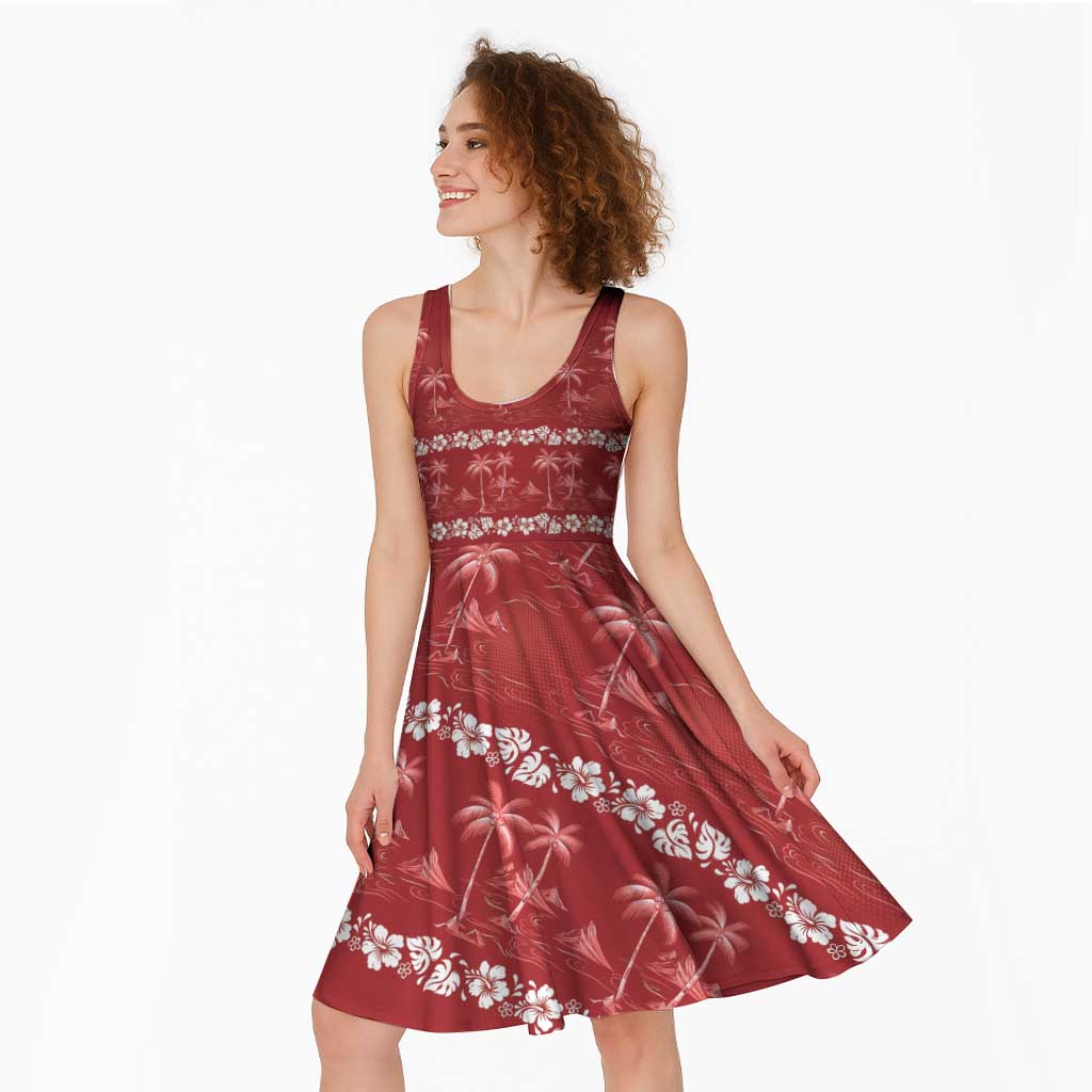 Red Hawaii Palm Tree Hibiscus Midi Dress Fantasy Summer Vibe