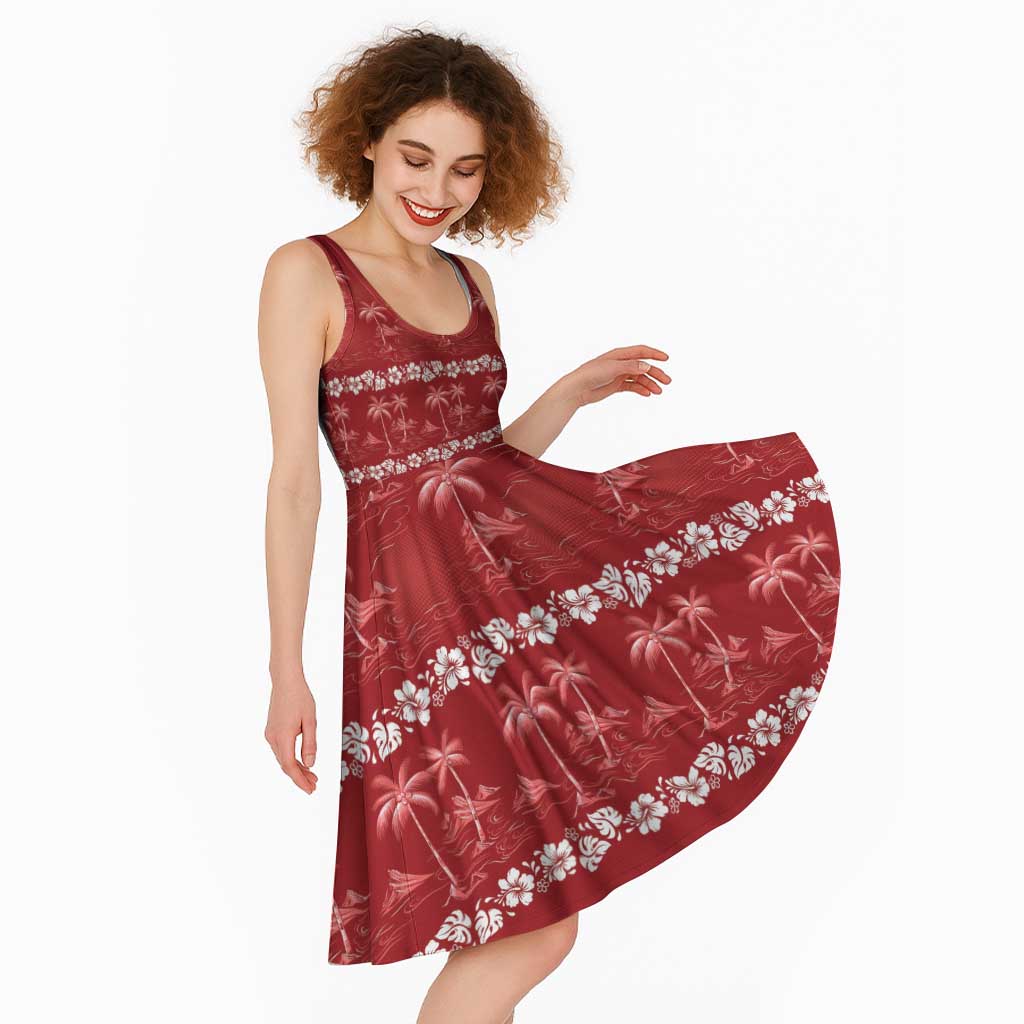 Red Hawaii Palm Tree Hibiscus Midi Dress Fantasy Summer Vibe
