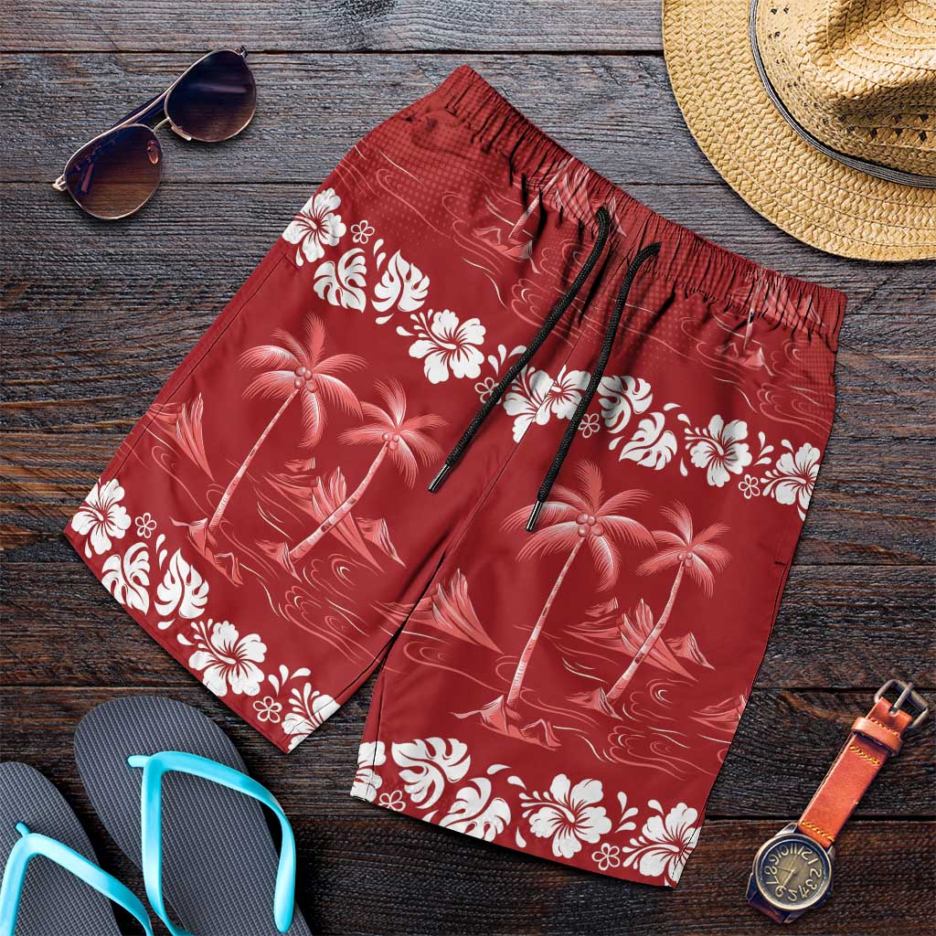 Red Hawaii Palm Tree Hibiscus Shorts for Men Fantasy Summer Vibe