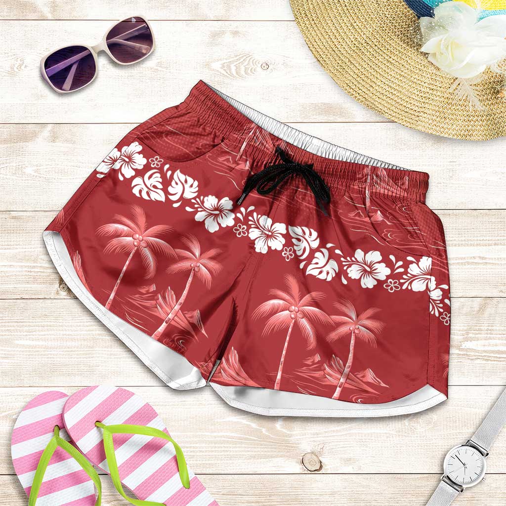Red Hawaii Palm Tree Hibiscus Shorts for Women Fantasy Summer Vibe
