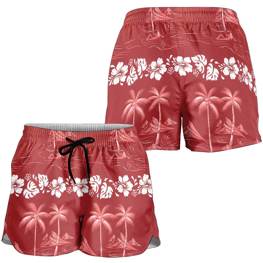 Red Hawaii Palm Tree Hibiscus Shorts for Women Fantasy Summer Vibe