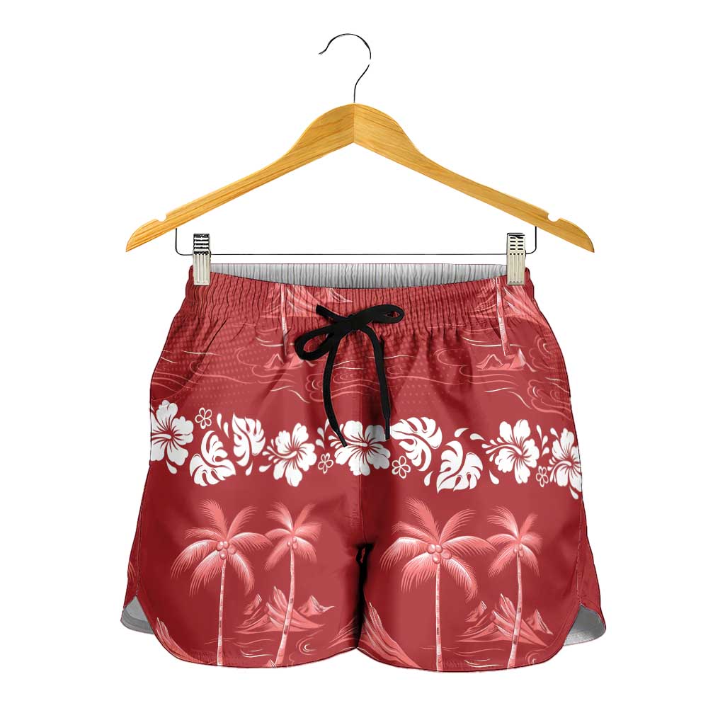 Red Hawaii Palm Tree Hibiscus Shorts for Women Fantasy Summer Vibe