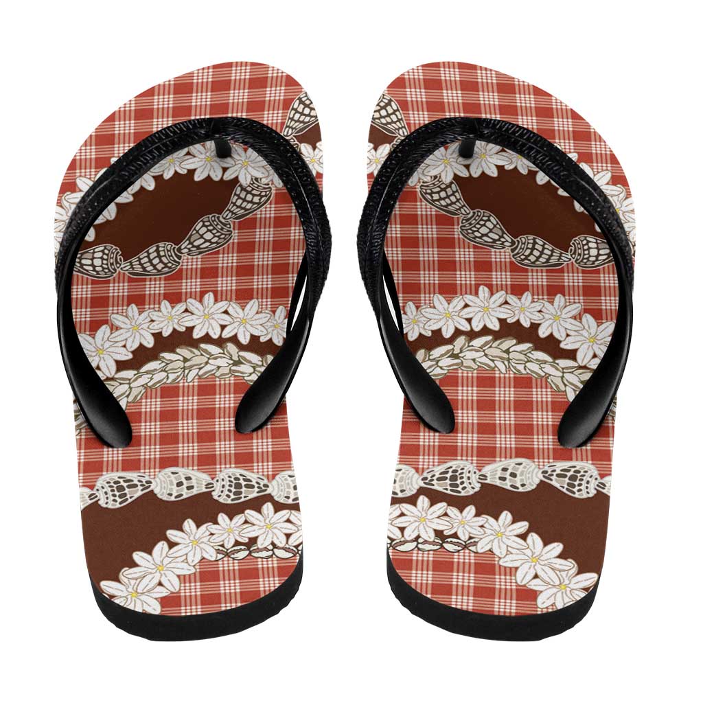 Red Hawaii Tiare and Shell Lei Flip Flops Hawaiian Palaka Luxury Vibes - Polynesian Pride