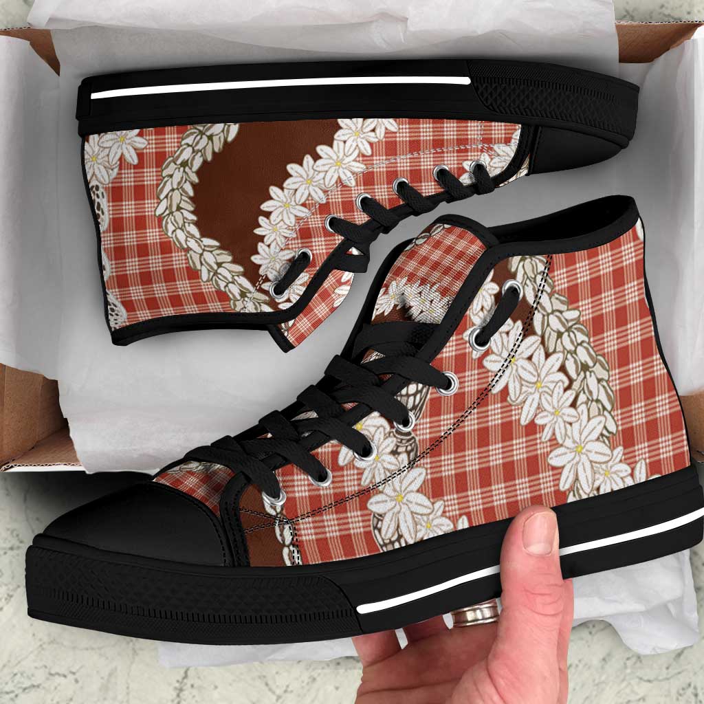 Red Hawaii Tiare and Shell Lei High Top Shoes Hawaiian Palaka Luxury Vibes - Polynesian Pride