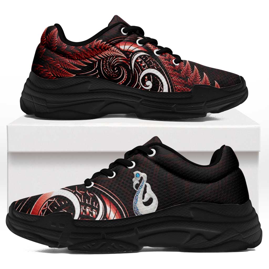 Red New Zealand Chunky Sneakers Aotearoa Silver Fern With Manaia Maori Unique