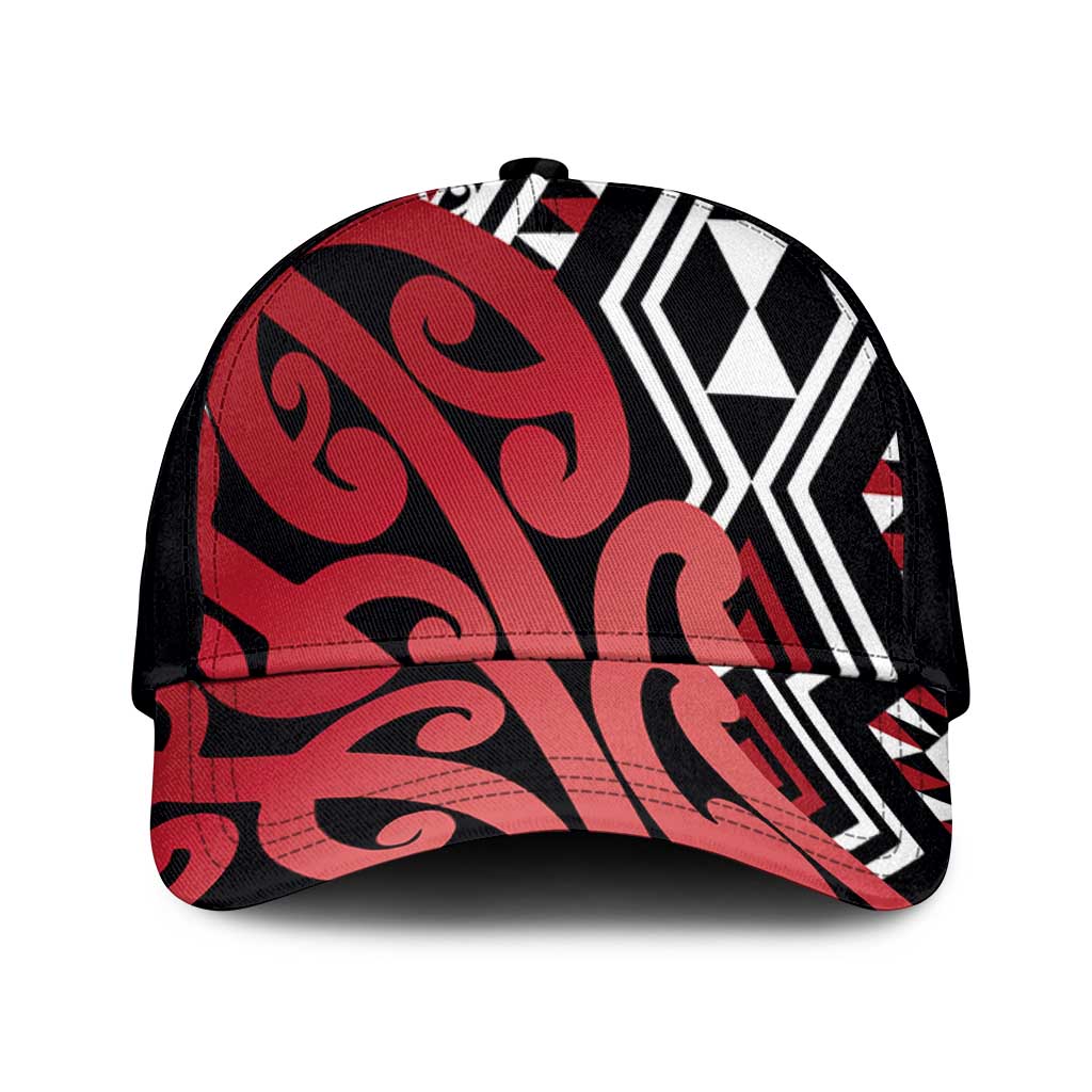 Red New Zealand Classic Cap Aotearoa Kowhaiwhai Mix Taniko Art - Polynesian Pride