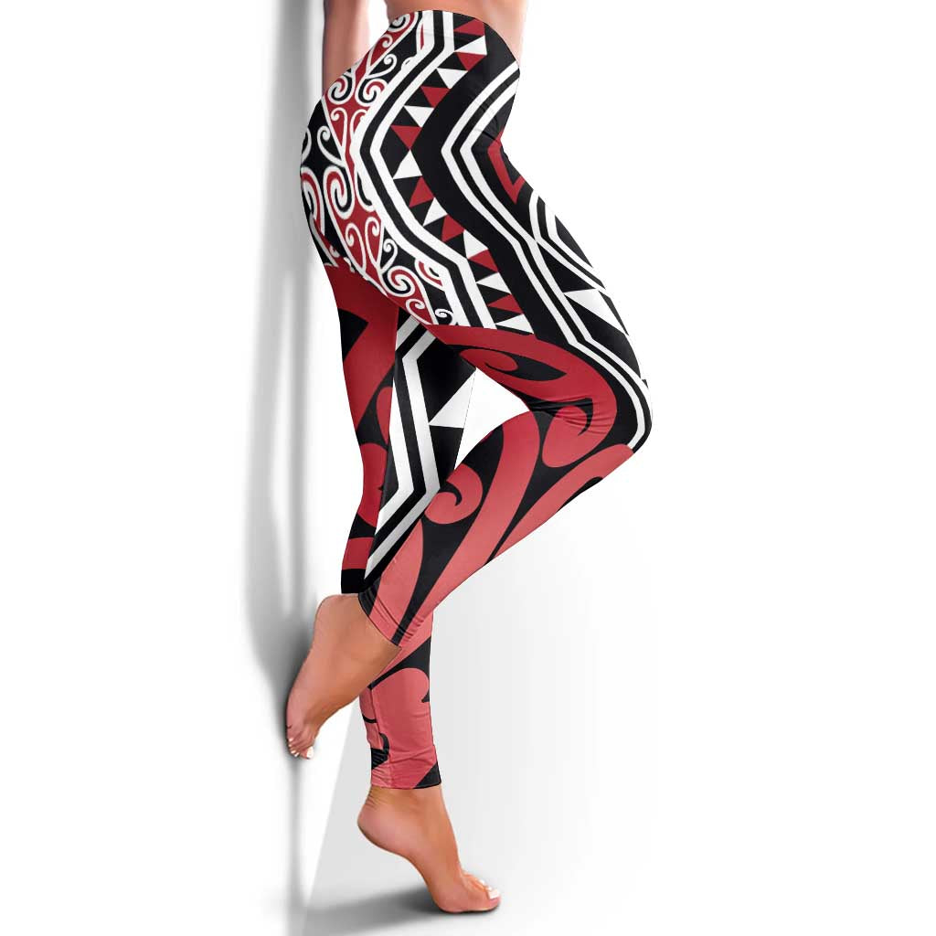 Red New Zealand Leggings Aotearoa Kowhaiwhai Mix Taniko Art LT14