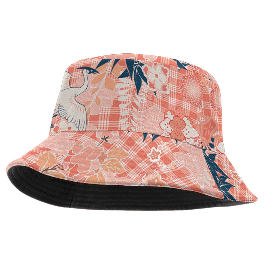 Red Palaka Crane and Flowers Bucket Hat Japan Heritage Spirit - Polynesian Pride