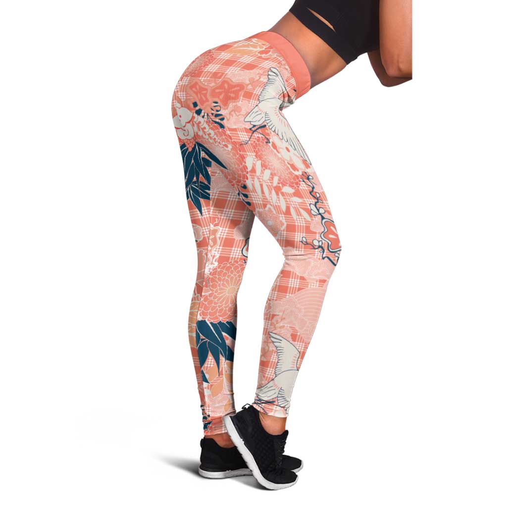 Red Palaka Crane and Flowers Leggings Japan Heritage Spirit - Polynesian Pride