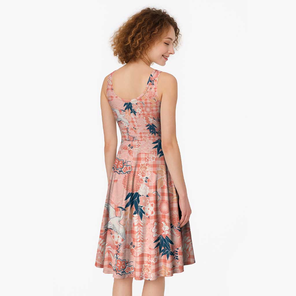 Red Palaka Crane and Flowers Midi Dress Japan Heritage Spirit - Polynesian Pride