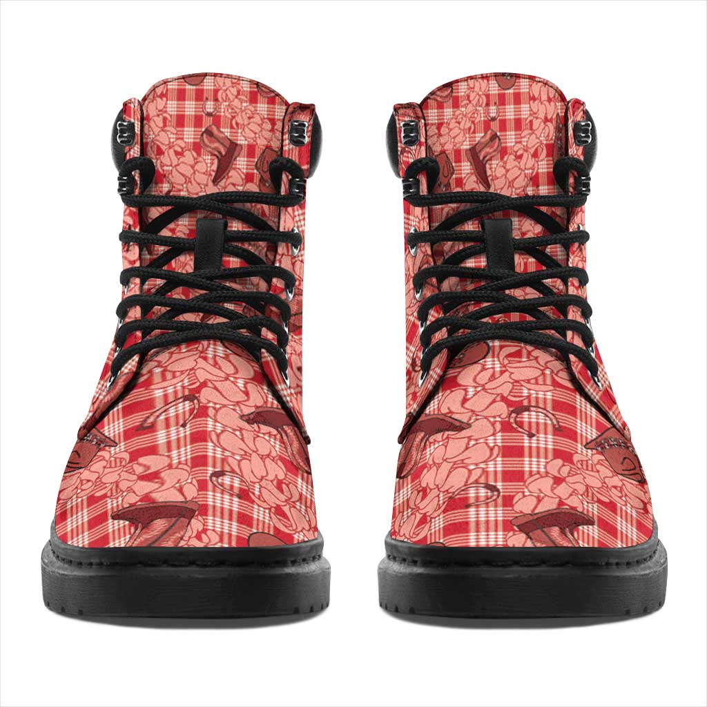 Red Palaka Hawaii Cowboy All Season Boots Puakenikeni Lei Paniolo Papale Seamless Vibes - Polynesian Pride
