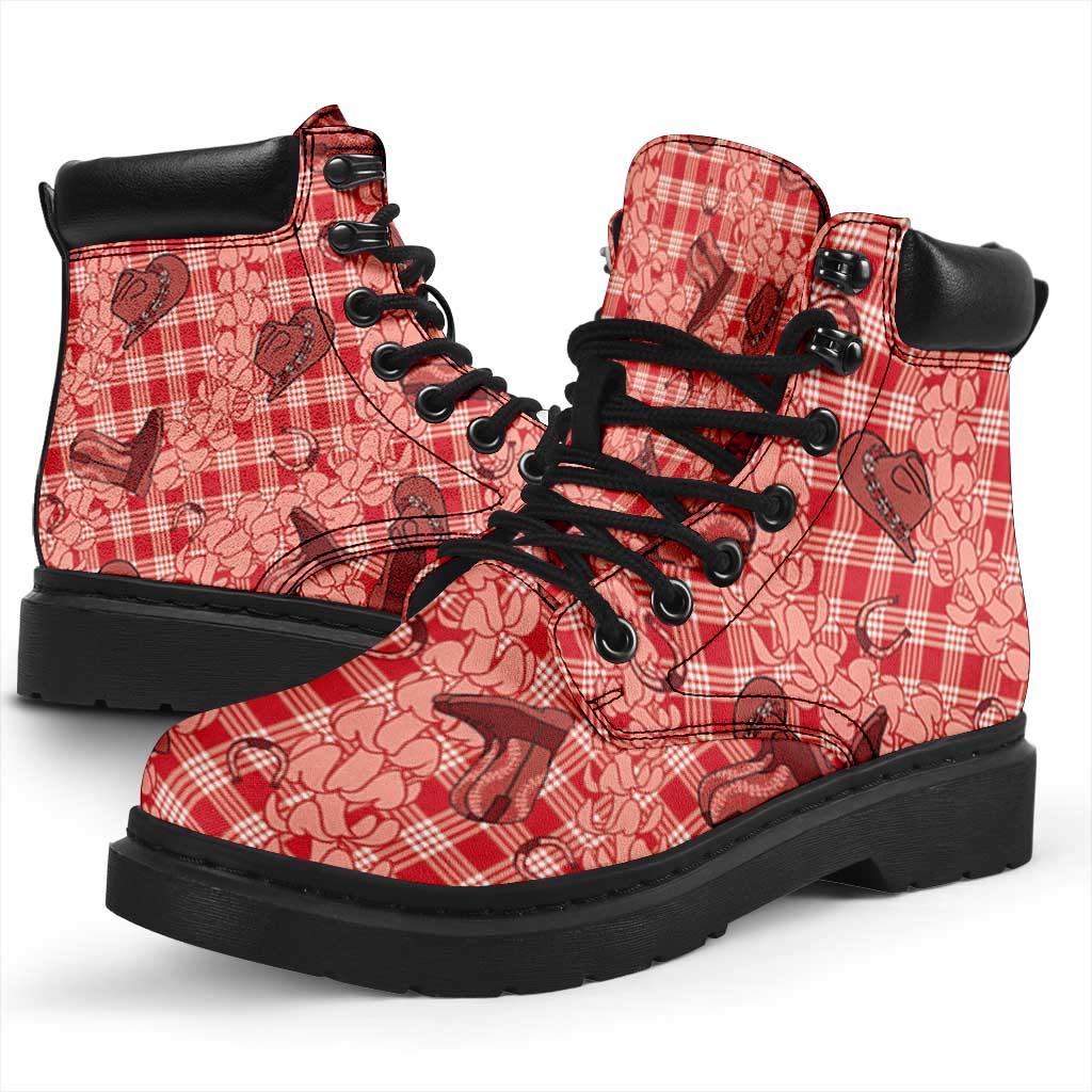 Red Palaka Hawaii Cowboy All Season Boots Puakenikeni Lei Paniolo Papale Seamless Vibes - Polynesian Pride