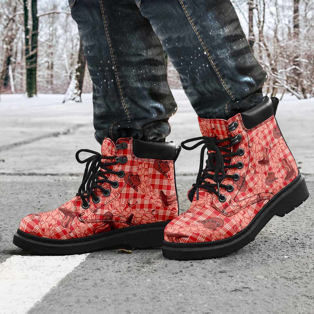 Red Palaka Hawaii Cowboy All Season Boots Puakenikeni Lei Paniolo Papale Seamless Vibes - Polynesian Pride