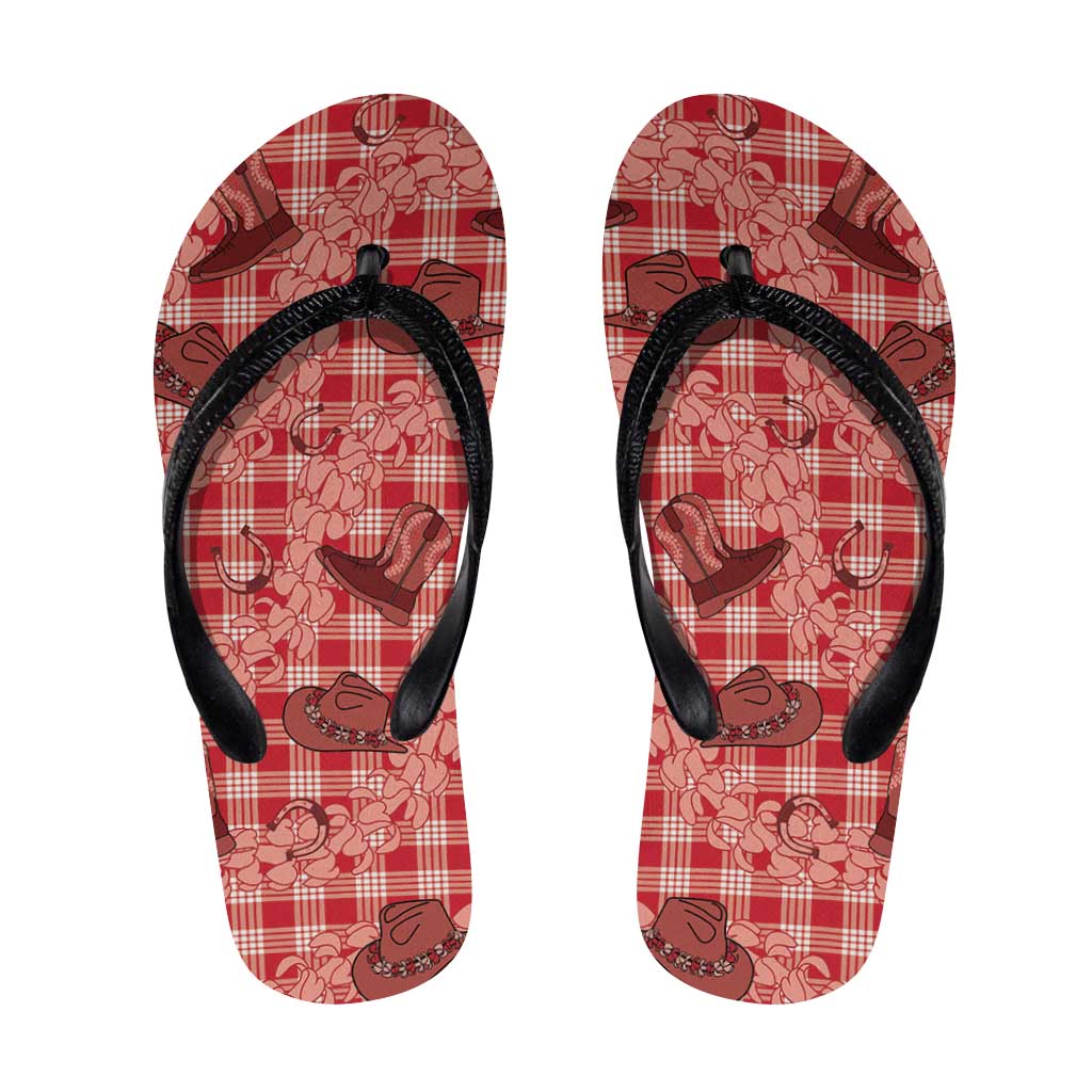 Red Palaka Hawaii Cowboy Flip Flops Puakenikeni Lei Paniolo Papale Seamless Vibes - Polynesian Pride