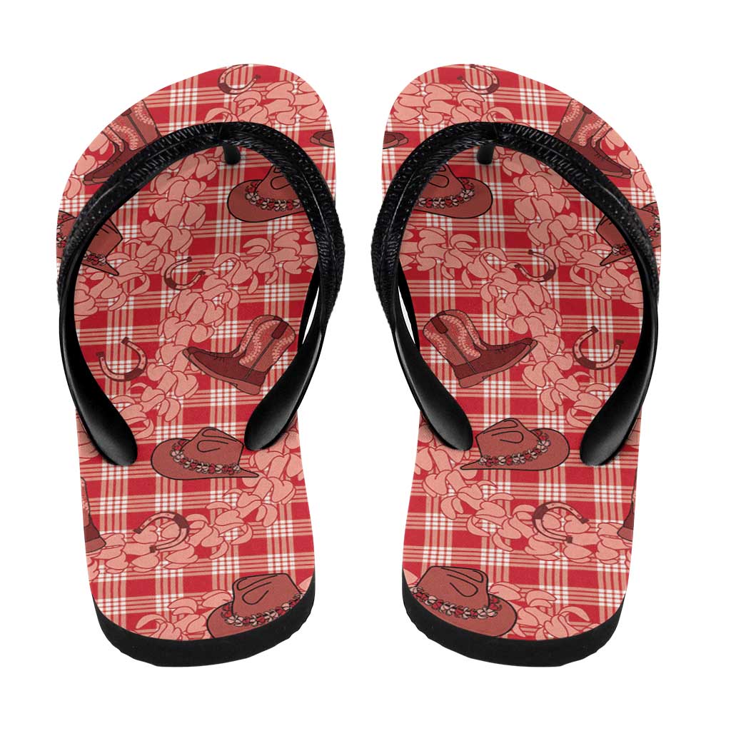 Red Palaka Hawaii Cowboy Flip Flops Puakenikeni Lei Paniolo Papale Seamless Vibes - Polynesian Pride