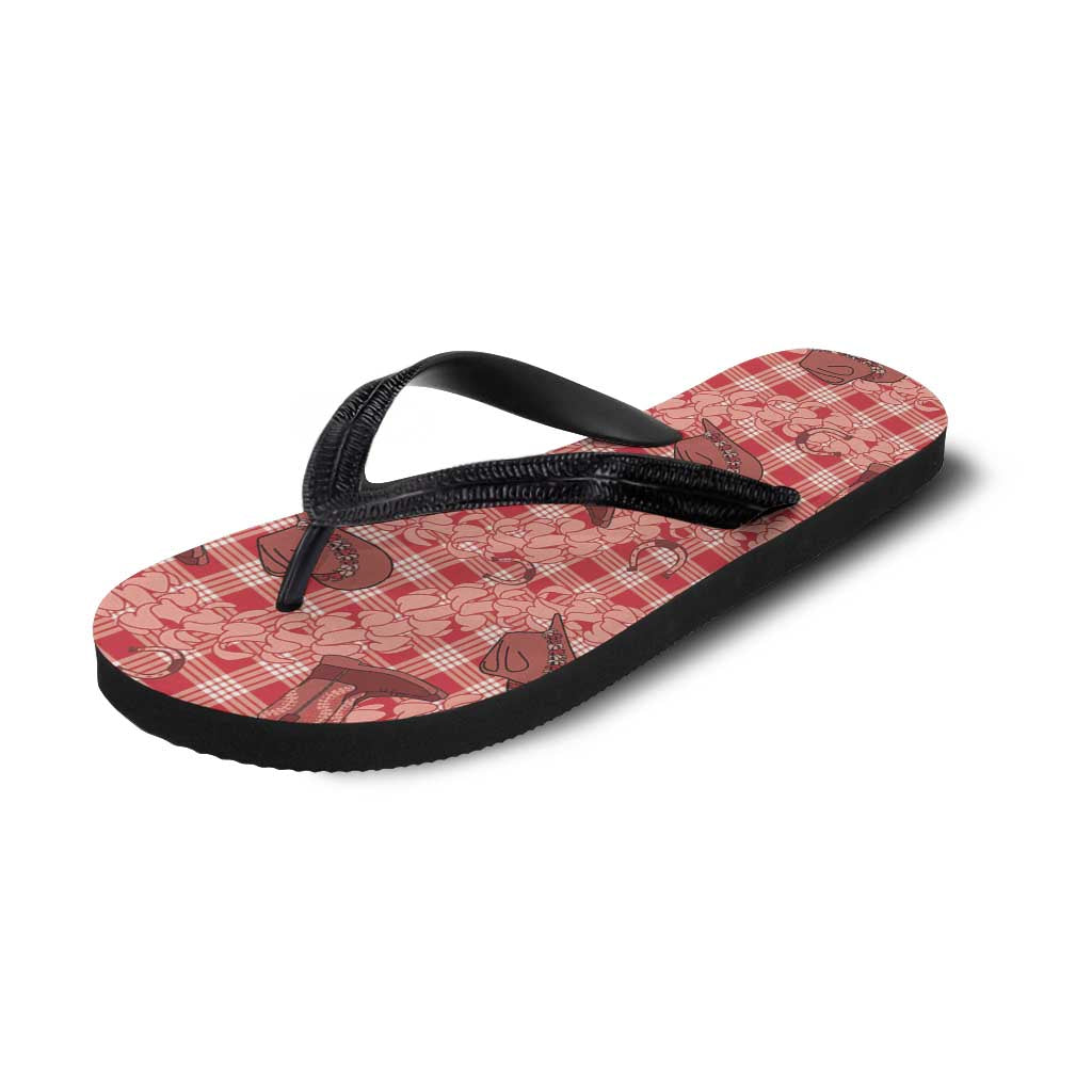 Red Palaka Hawaii Cowboy Flip Flops Puakenikeni Lei Paniolo Papale Seamless Vibes - Polynesian Pride