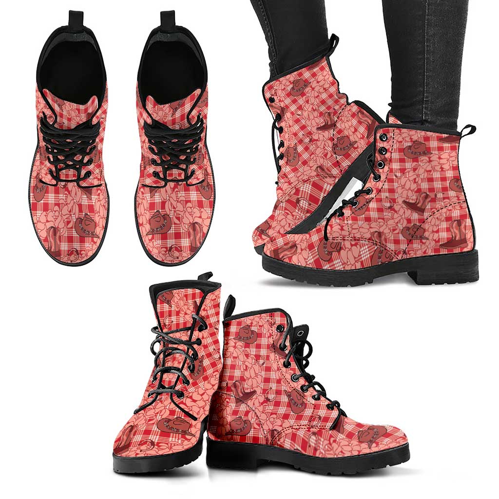 Red Palaka Hawaii Cowboy Leather Boots Puakenikeni Lei Paniolo Papale Seamless Vibes - Polynesian Pride