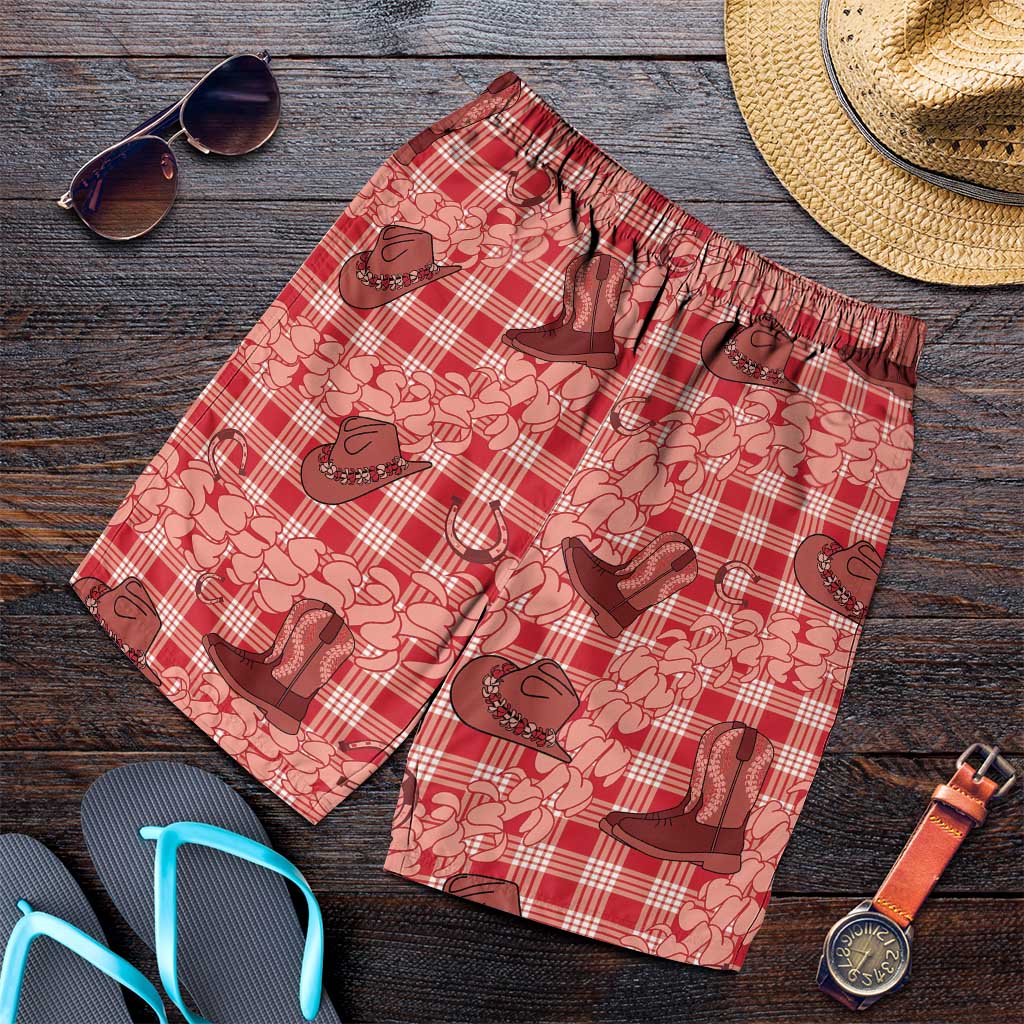 Red Palaka Hawaii Cowboy Shorts for Men Puakenikeni Lei Paniolo Papale Seamless Vibes - Polynesian Pride