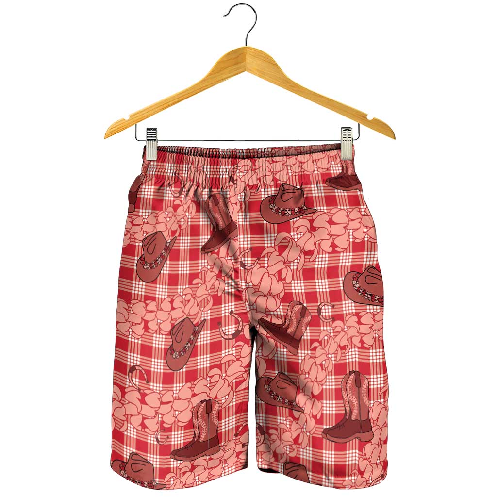 Red Palaka Hawaii Cowboy Shorts for Men Puakenikeni Lei Paniolo Papale Seamless Vibes - Polynesian Pride