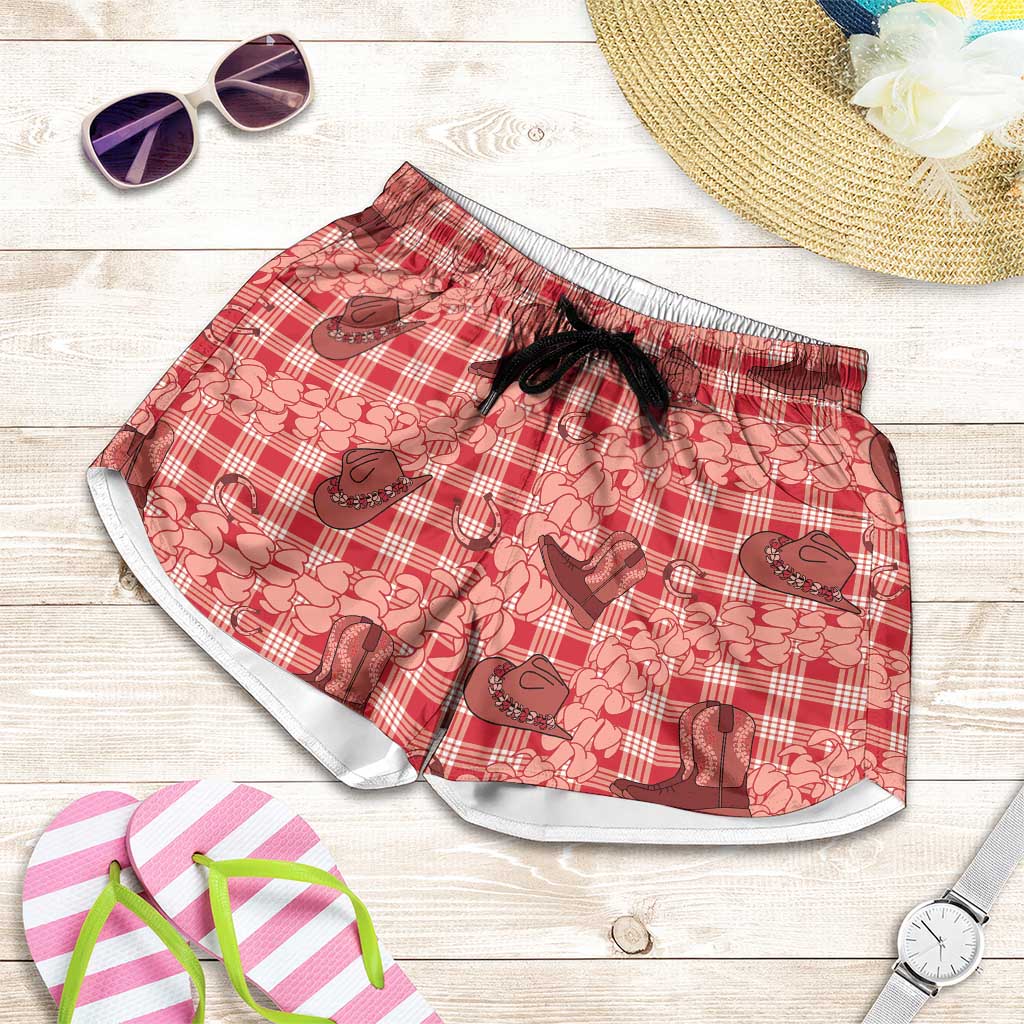 Red Palaka Hawaii Cowboy Shorts for Women Puakenikeni Lei Paniolo Papale Seamless Vibes - Polynesian Pride