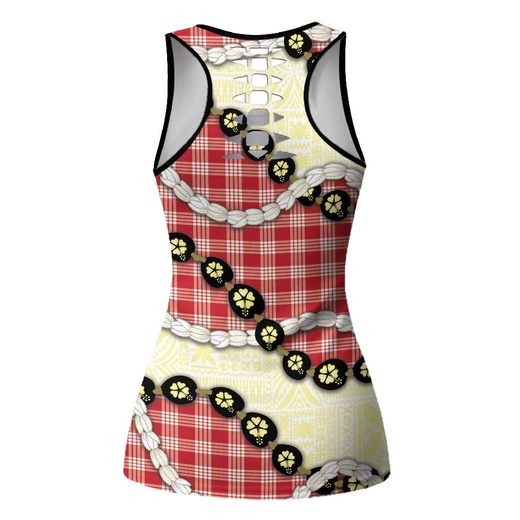 Red Palaka Hawaii Hollow Tank Top Kukui Nut Pikake Lei Hawaiian Tapa Pattern - Polynesian Pride