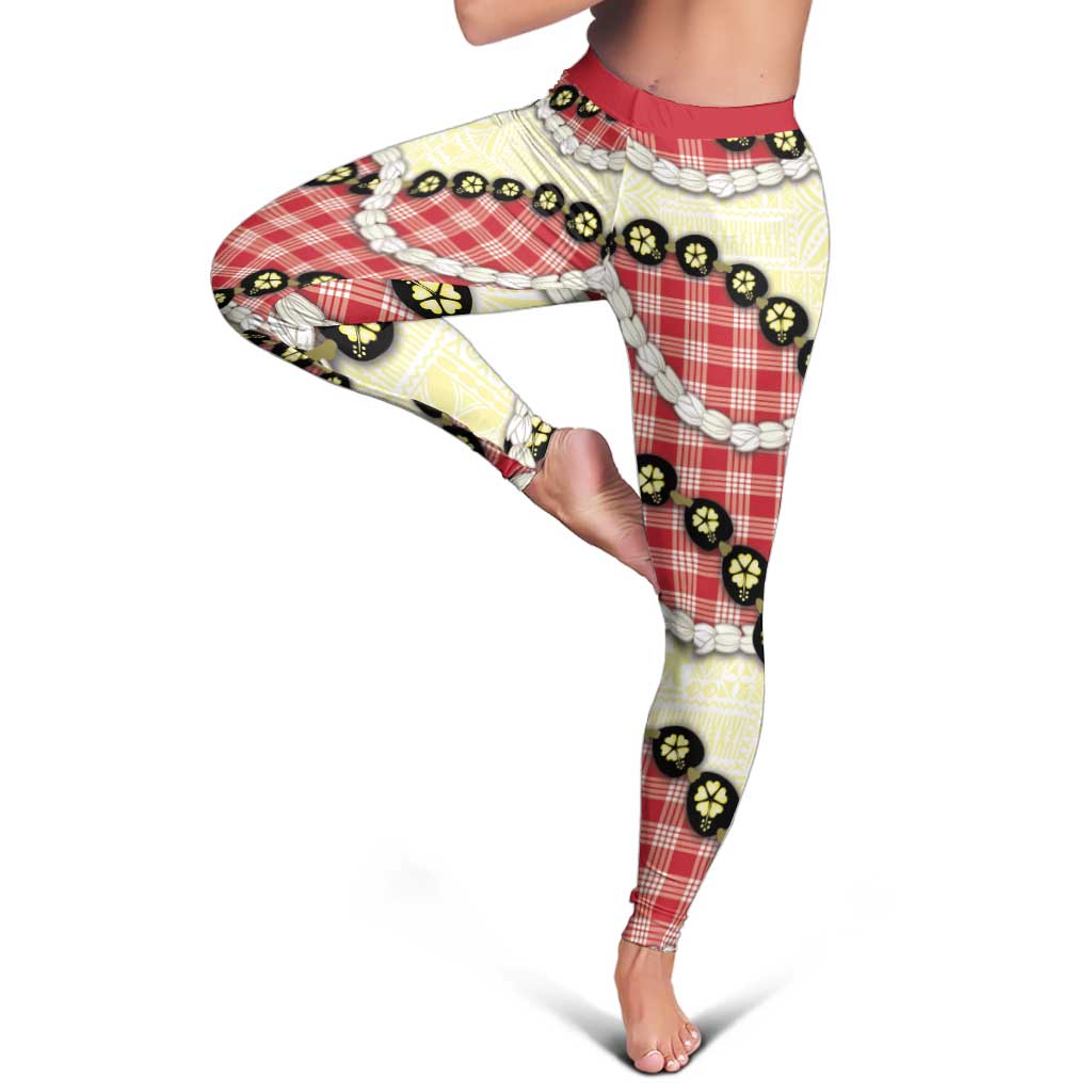 Red Palaka Hawaii Leggings Kukui Nut Pikake Lei Hawaiian Tapa Pattern - Polynesian Pride