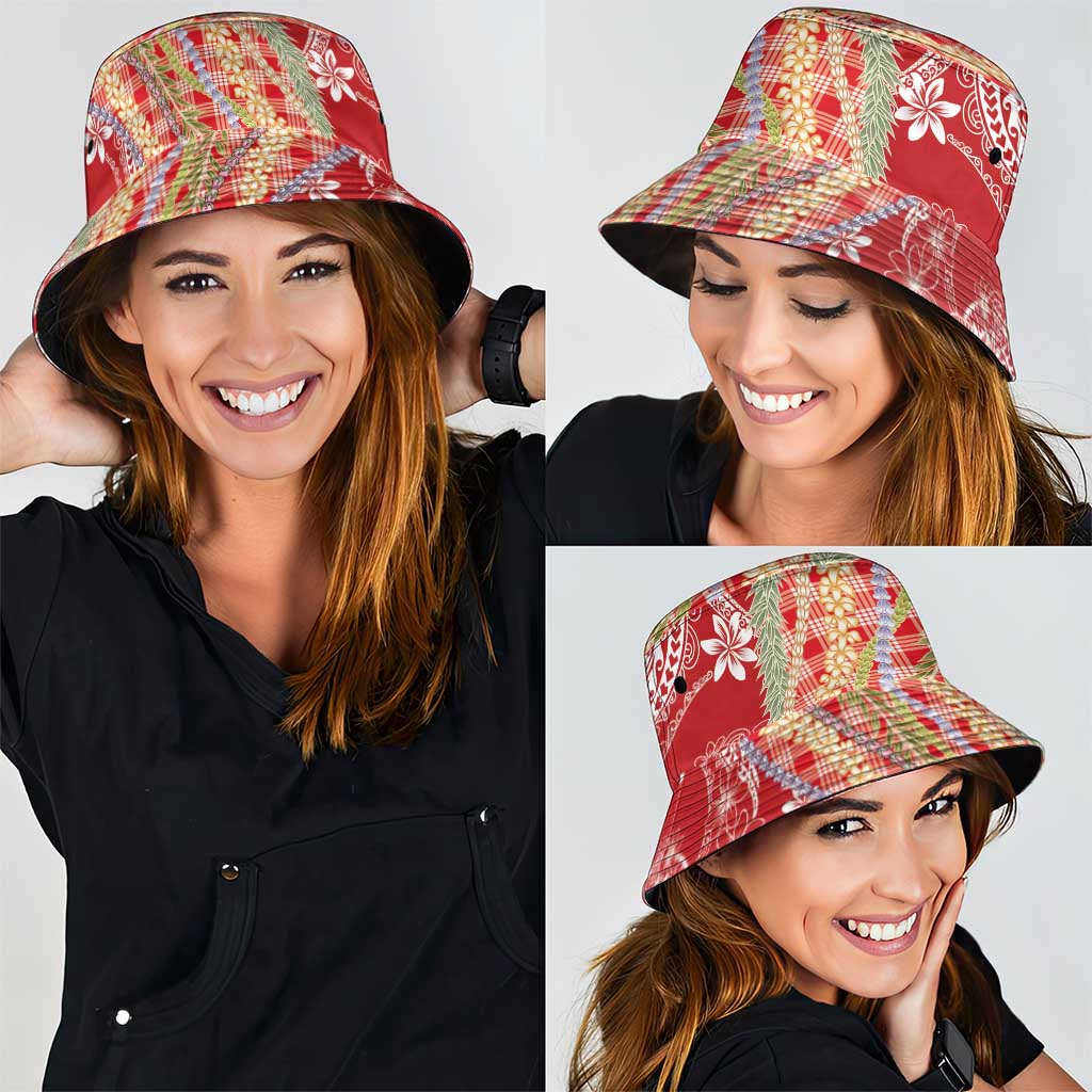 Red Palaka Hawaii Leis Bucket Hat Hawaiian-plaid Elegant Tropical Vibes - Polynesian Pride